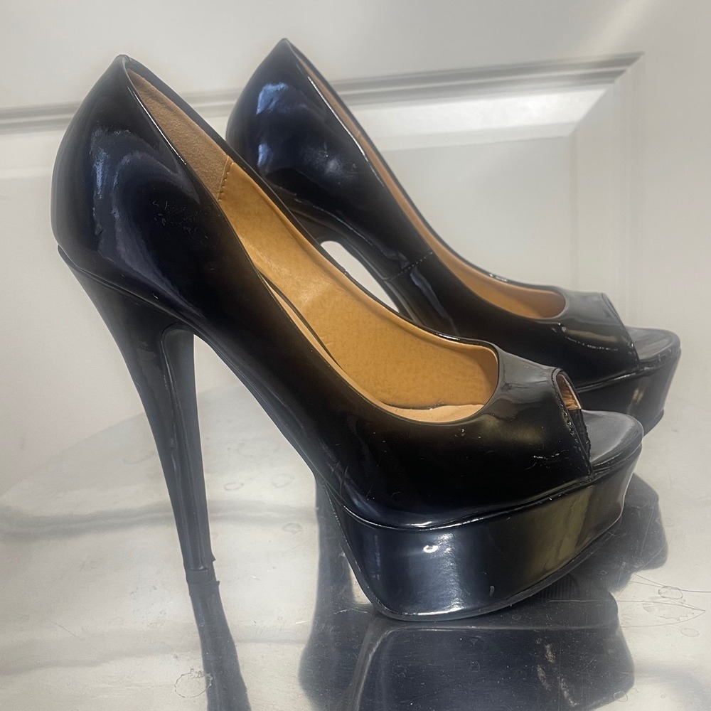 Dollhouse Black Patent Peep Toe Platform Stiletto Pumps Heels Womens 5.5